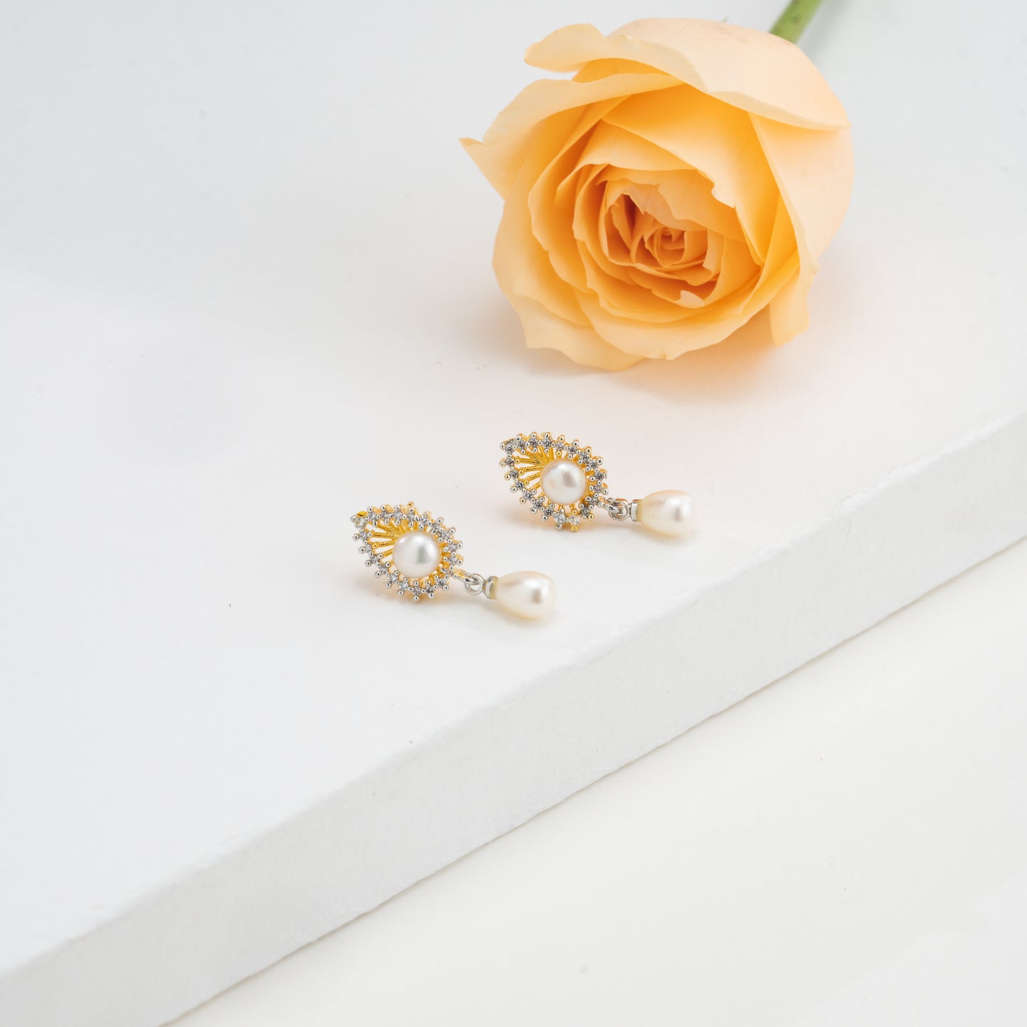 Glitzy White Stone Drop Freshwater Pearl Stud Earring