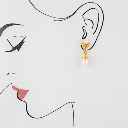 Detailed White Stone Drop Freshwater Pearl Earrings