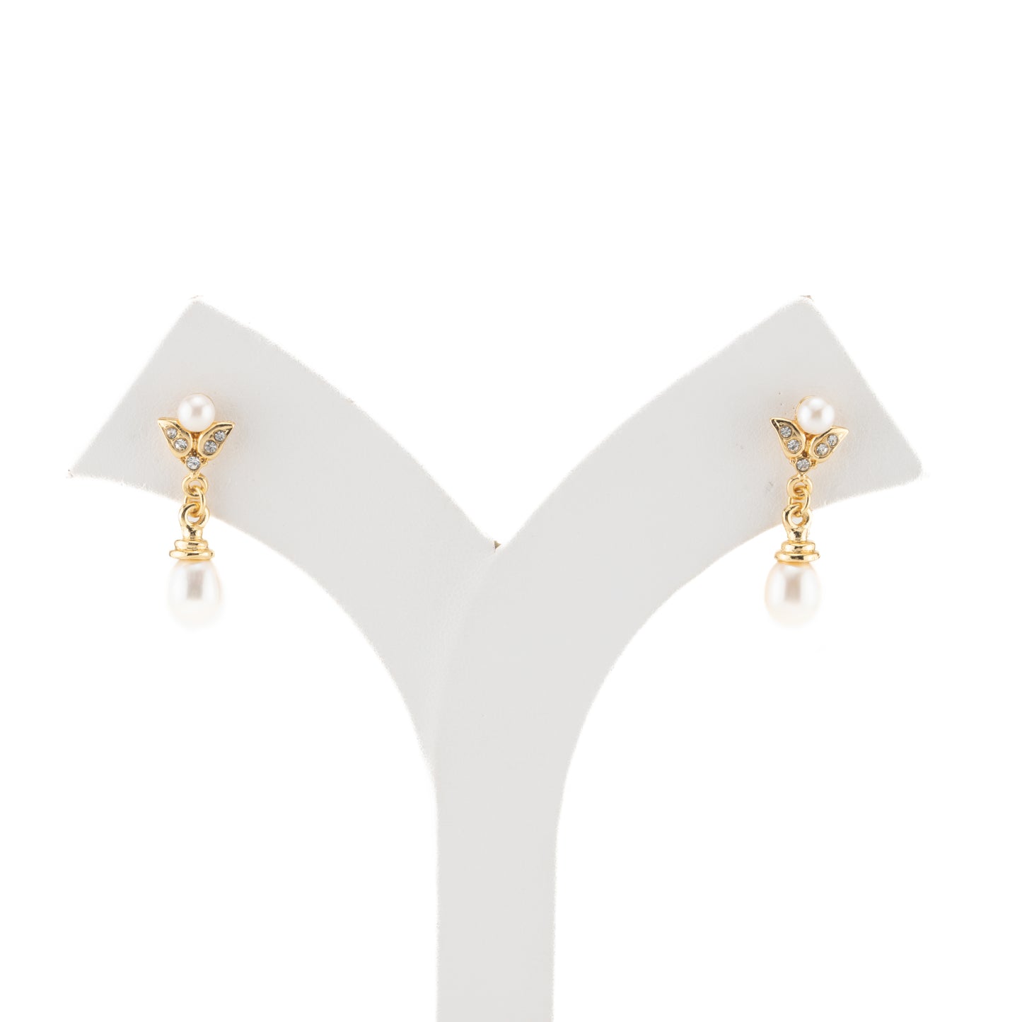 Detailed White Stone Drop Freshwater Pearl Earrings