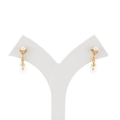 Detailed White Stone Drop Freshwater Pearl Earrings
