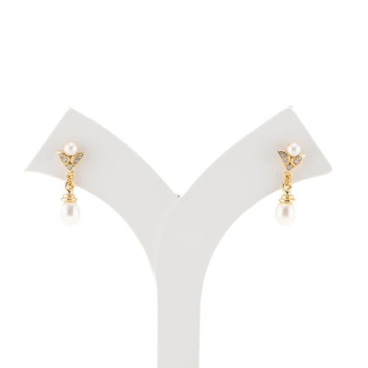 Detailed White Stone Drop Freshwater Pearl Earrings