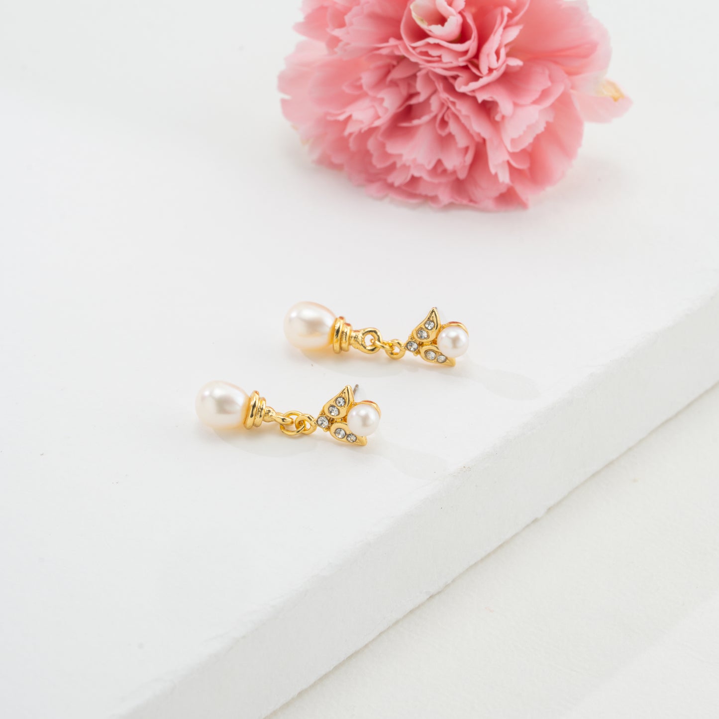 Detailed White Stone Drop Freshwater Pearl Earrings