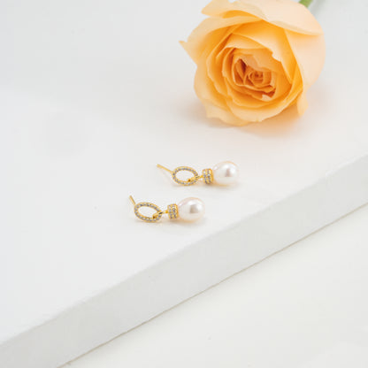 Classic White Drop Freshwater Pearl Hanging Studs Earrings