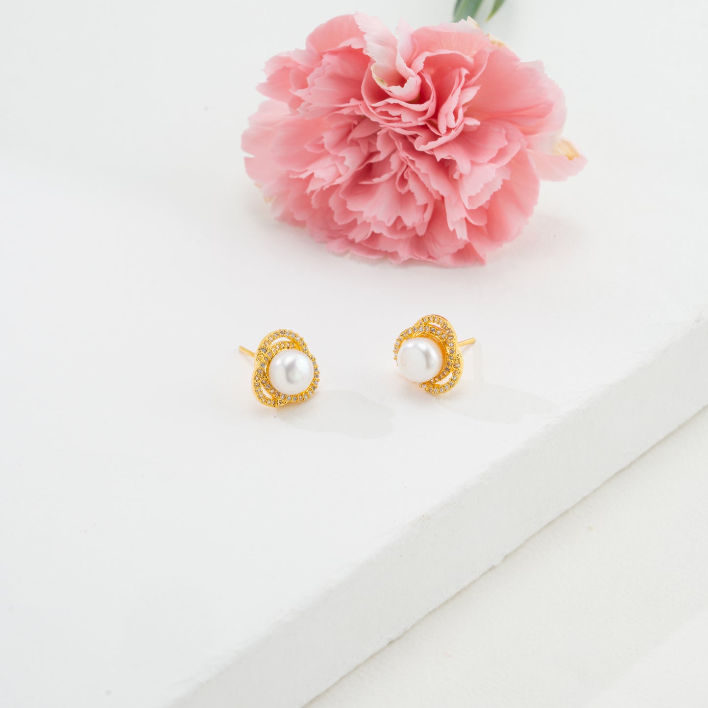 Perfection White Stone Freshwater Pearl Stud Earrings