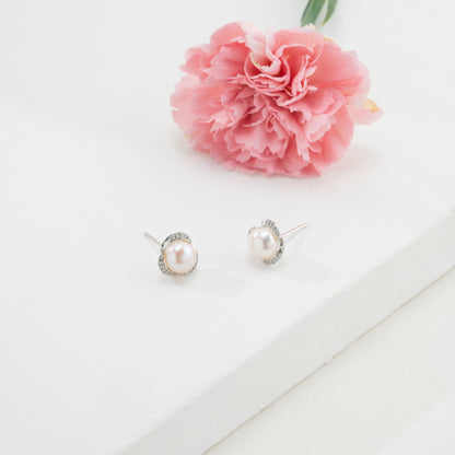 Radiance White Stone Freshwater Pearl Stud Earrings