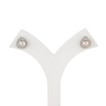 Iridescent White Stone Pink Freshwater Pearl Stud Earrings