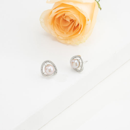 Iridescent White Stone Pink Freshwater Pearl Stud Earrings