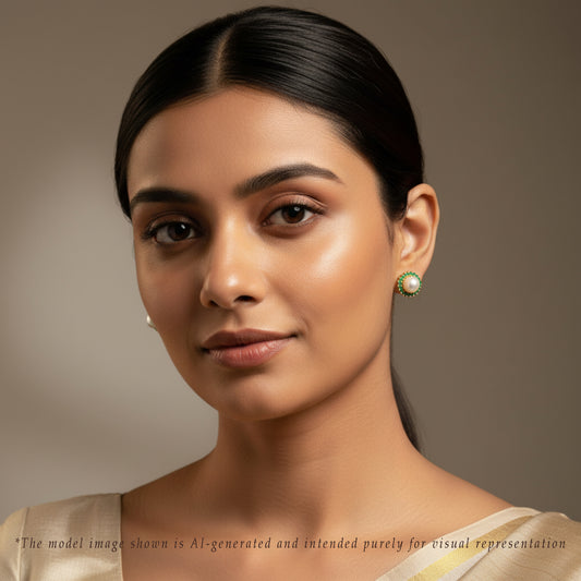 Intricate Green Stone Freshwater Pearl Studs Earrings