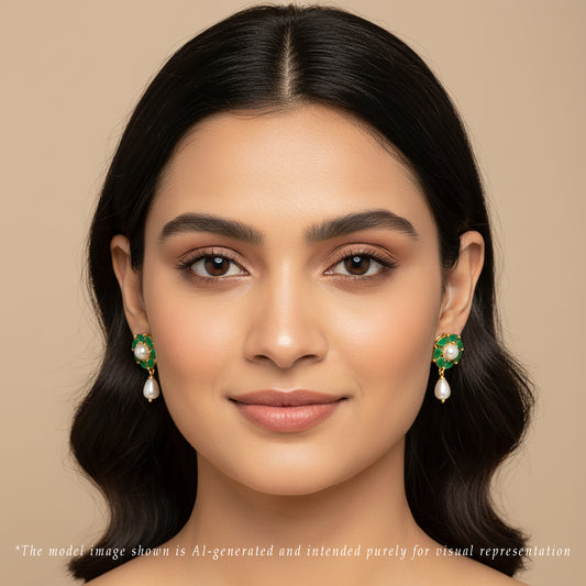 Fashionable Green Stone Freshwater Pearl Stud Earrings