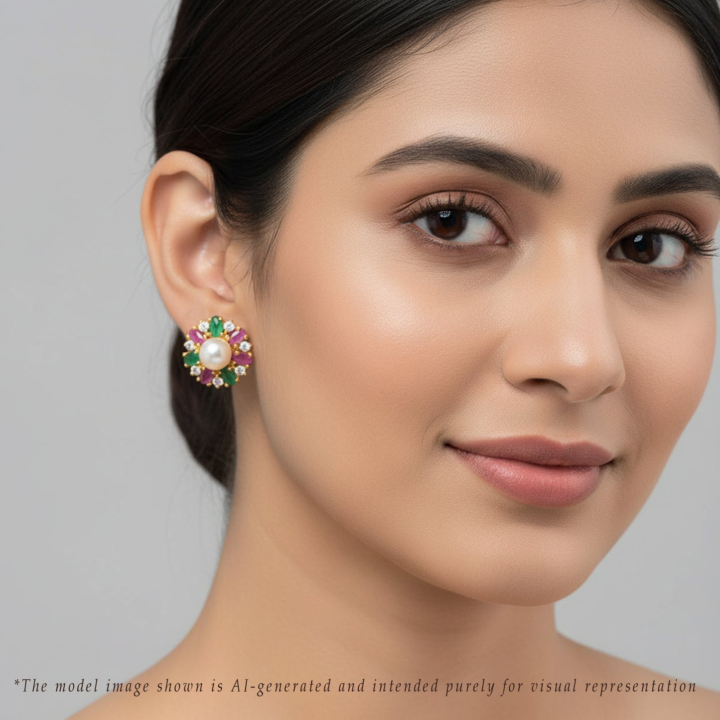 Colorful Red Green Stone Freshwater Pearl Stud Earrings