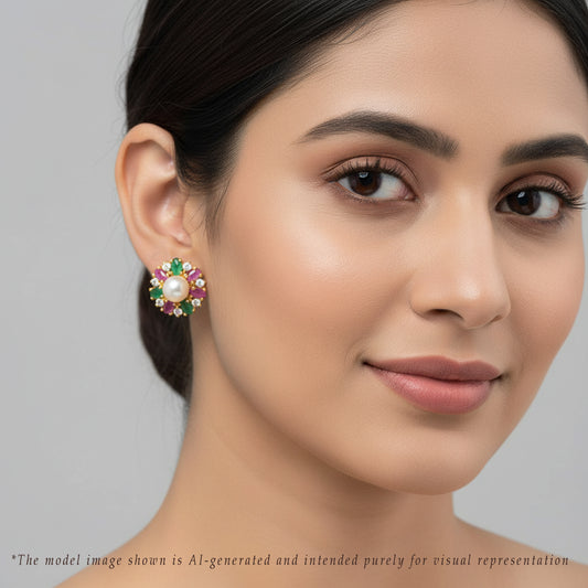 Colorful Red Green Stone Freshwater Pearl Stud Earrings