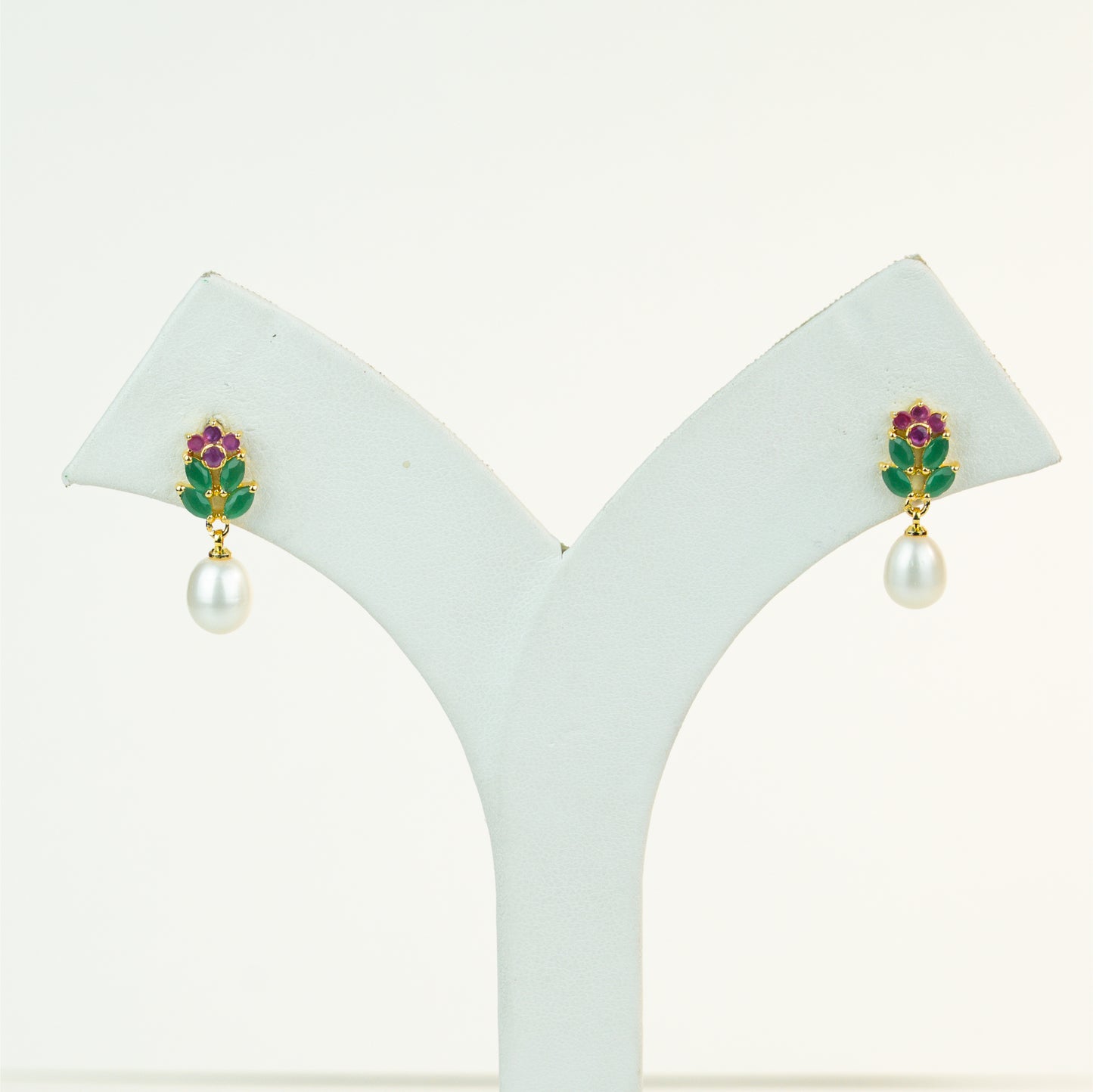 Floral Red And Green Stone Freshwater Pearl Stud Earrings