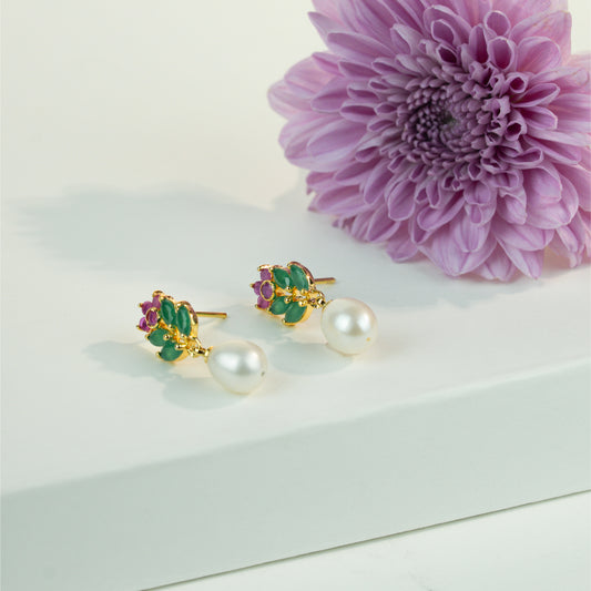 Floral Red And Green Stone Freshwater Pearl Stud Earrings