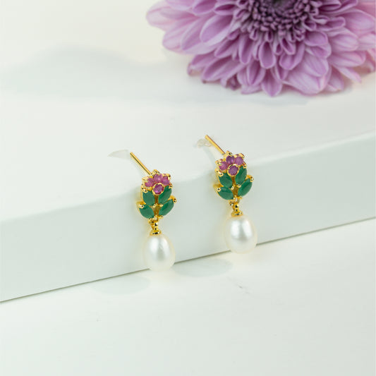Floral Red And Green Stone Freshwater Pearl Stud Earrings