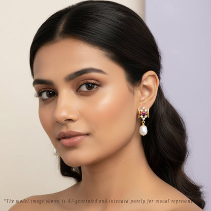 Glossy Red Stone Drop Hanging Freshwater Pearl Studs Earrings