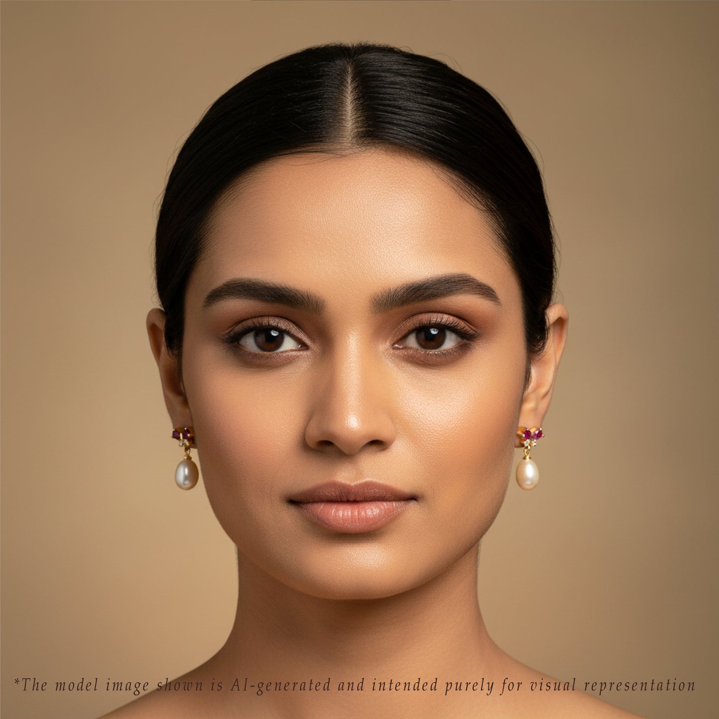 Adorn Red Stone Pink Freshwater Pearl Stud Earrings