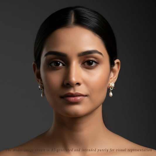 Classy Red Green Stone Drop Freshwater Pearl Earrings