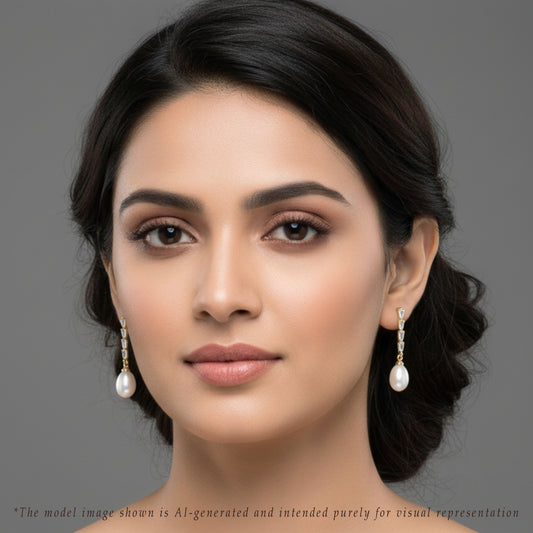 Shimmering White Stone Hanging Freshwater Pearl Studs Earrings