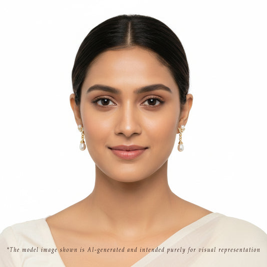 Detailed White Stone Drop Freshwater Pearl Earrings