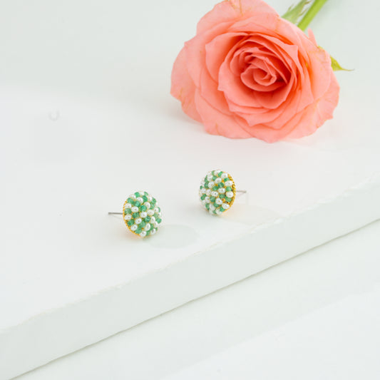 Mystical Natural Emerald Seed Freshwater Pearl Stud Earrings
