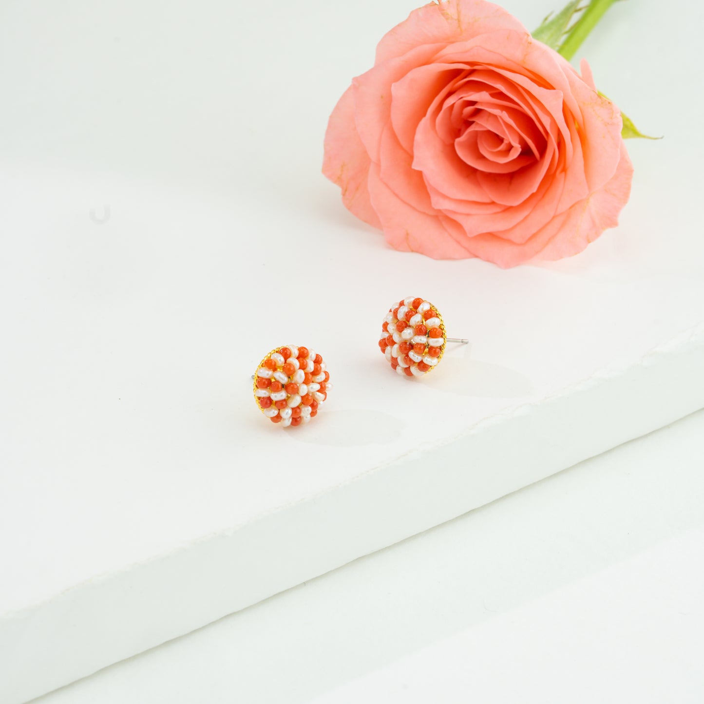 Exotic Coral Seed White Freshwater Pearl Stud Earrings