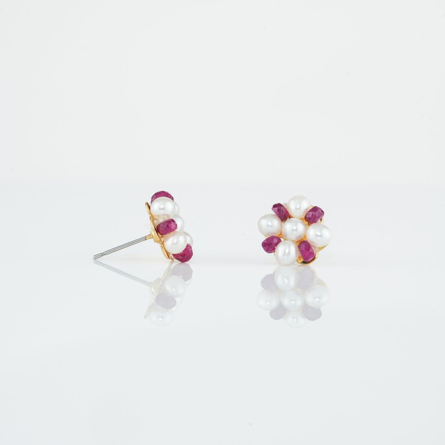 Natural Ruby Near Round White Freshwater Pearl Stud Earrings