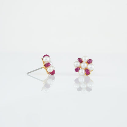 Natural Ruby Near Round White Freshwater Pearl Stud Earrings