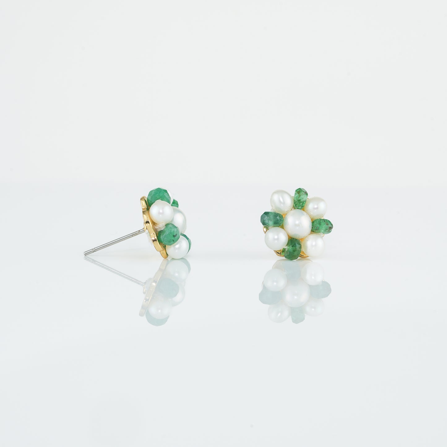 Natural Emerald Near Round Freshwater Pearl Stud Earrings