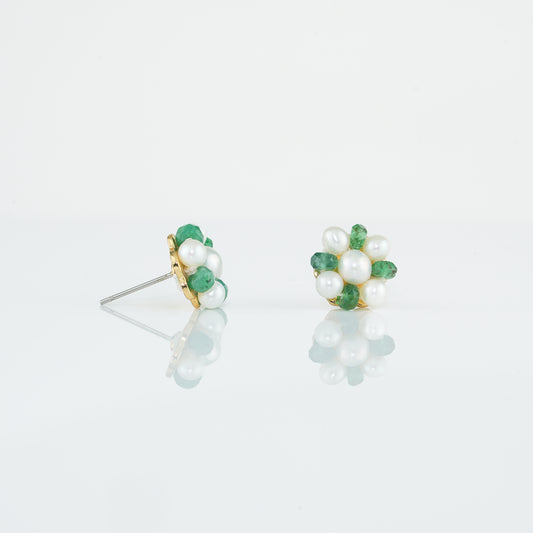 Natural Emerald Near Round Freshwater Pearl Stud Earrings