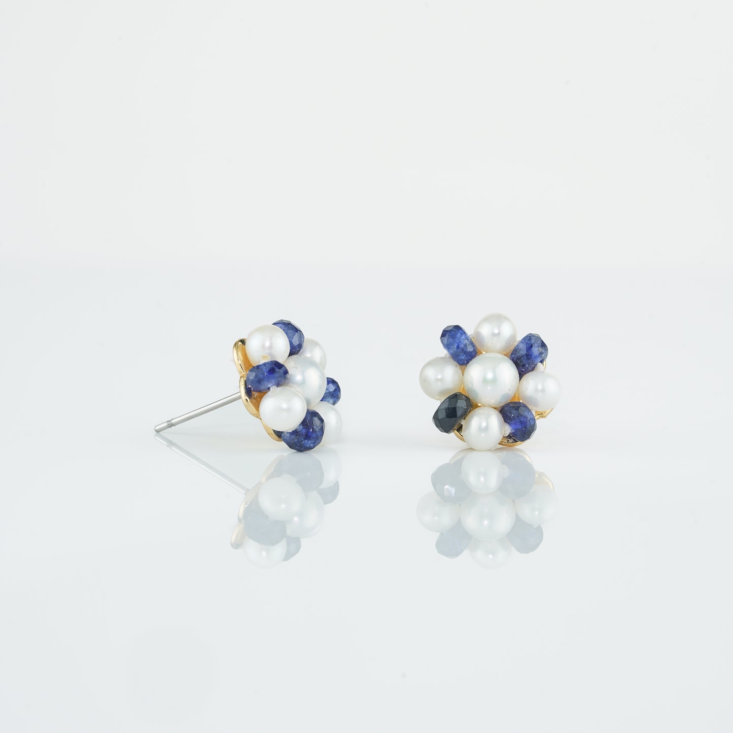 Natural Blue Sapphire Near Round White Freshwater Pearl Stud Earrings