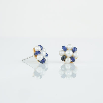 Natural Blue Sapphire Near Round White Freshwater Pearl Stud Earrings