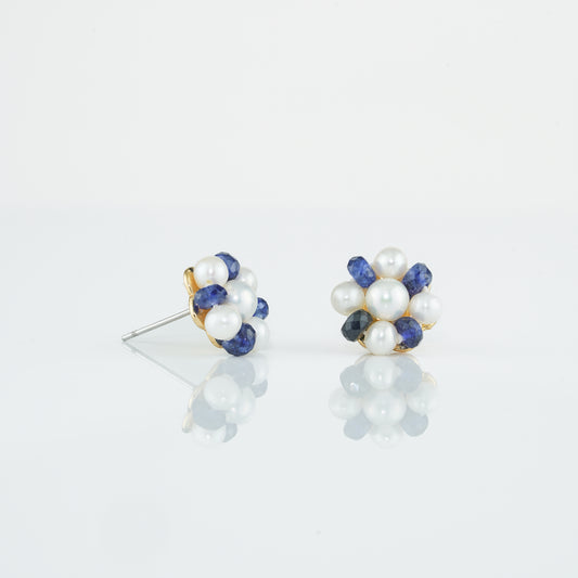Natural Blue Sapphire Near Round White Freshwater Pearl Stud Earrings