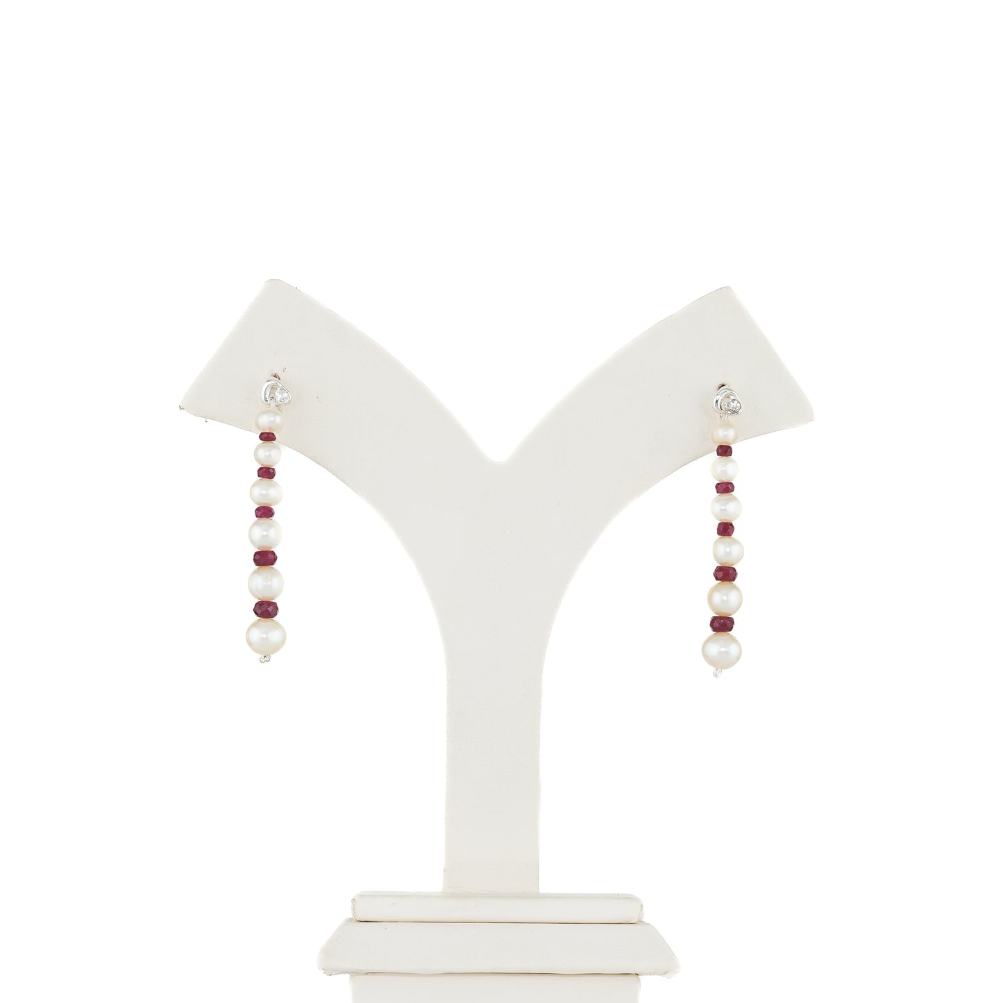 Natural Ruby And Near Round White Grading Freshwater Pearl Hanging Earrings