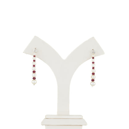 Natural Ruby And Near Round White Grading Freshwater Pearl Hanging Earrings