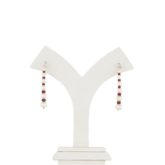 Natural Ruby And Near Round White Grading Freshwater Pearl Hanging Earrings