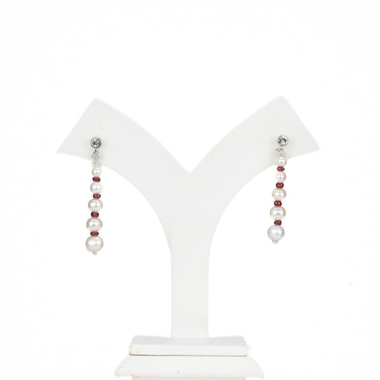Natural Ruby And Near Round White Grading Freshwater Pearl Hanging Earrings