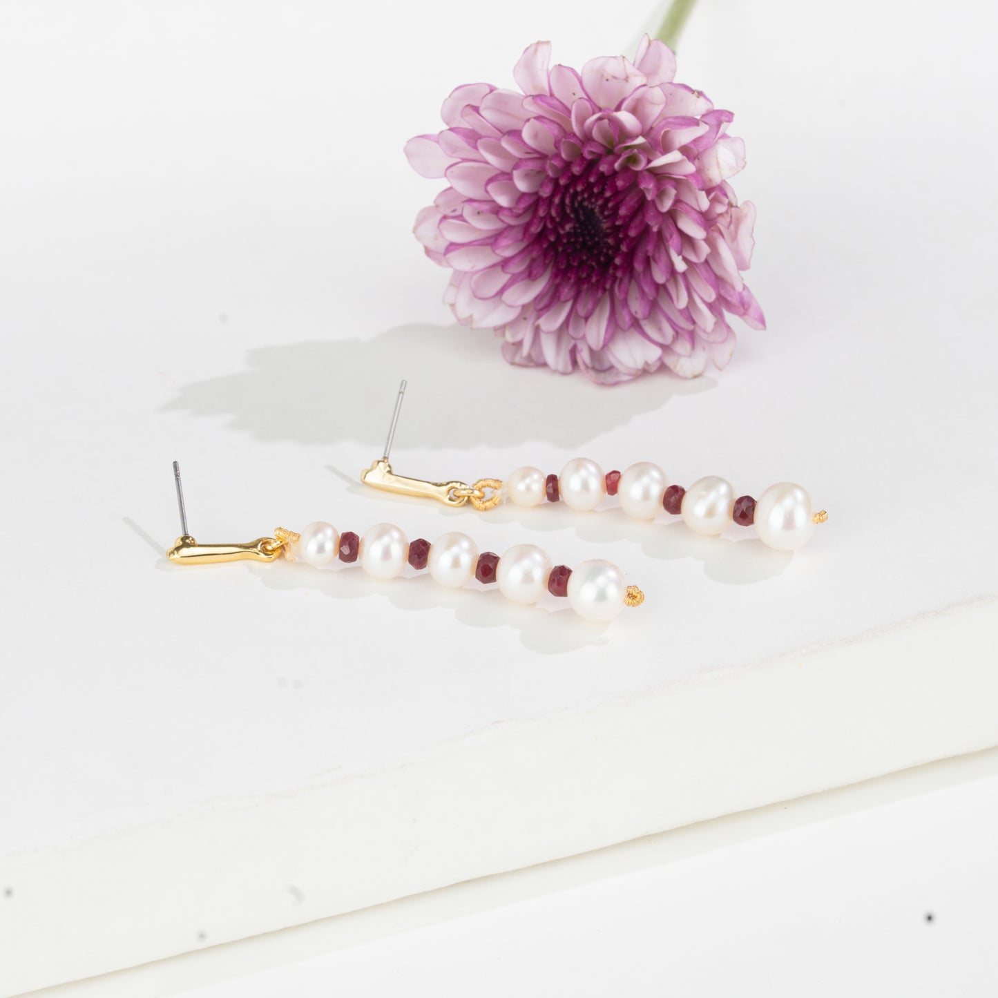 Natural Ruby And Near Round White Grading Freshwater Pearl Hanging Earrings