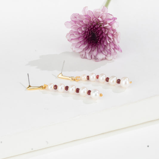 Natural Ruby And Near Round White Grading Freshwater Pearl Hanging Earrings