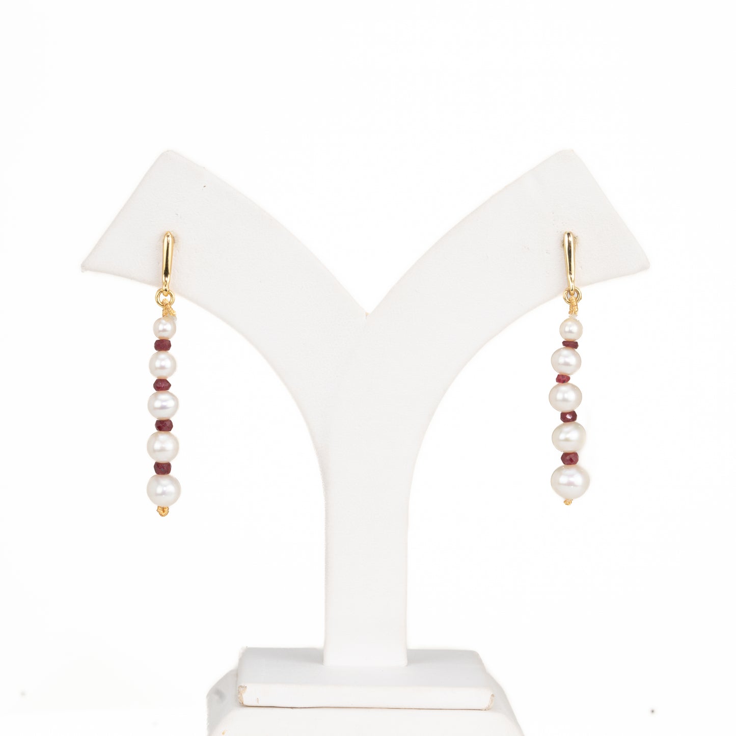 Natural Ruby And Near Round White Grading Freshwater Pearl Hanging Earrings