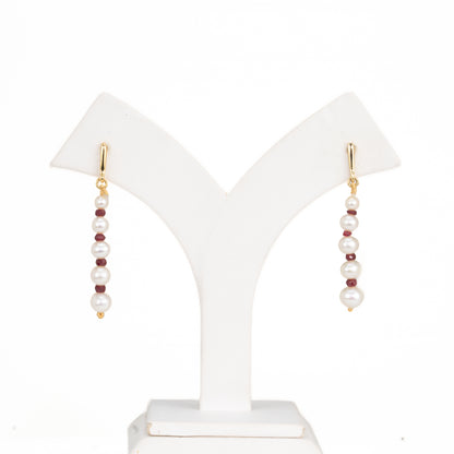 Natural Ruby And Near Round White Grading Freshwater Pearl Hanging Earrings