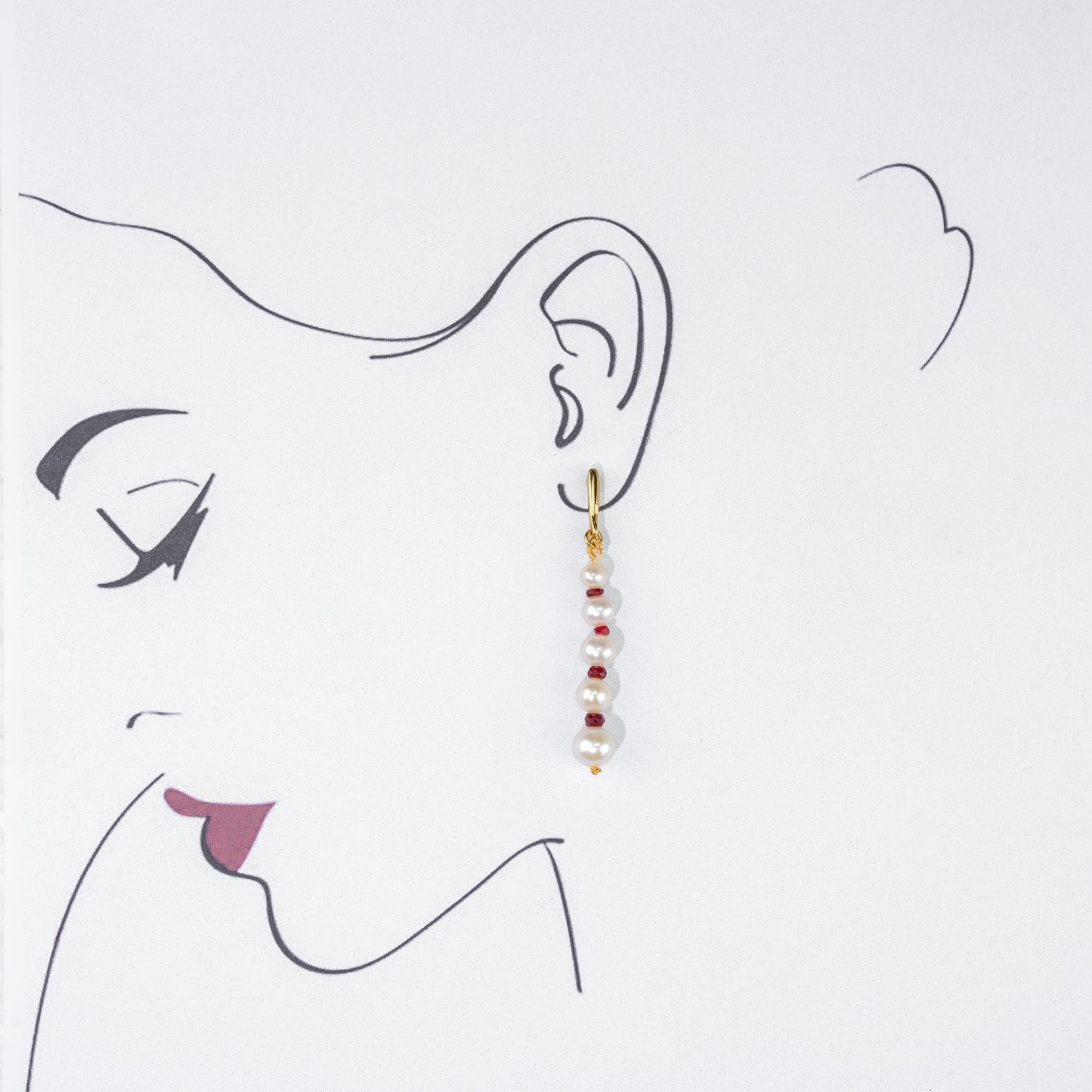 Natural Ruby And Near Round White Grading Freshwater Pearl Hanging Earrings