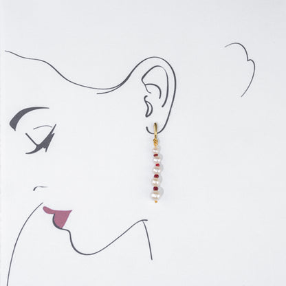 Natural Ruby And Near Round White Grading Freshwater Pearl Hanging Earrings