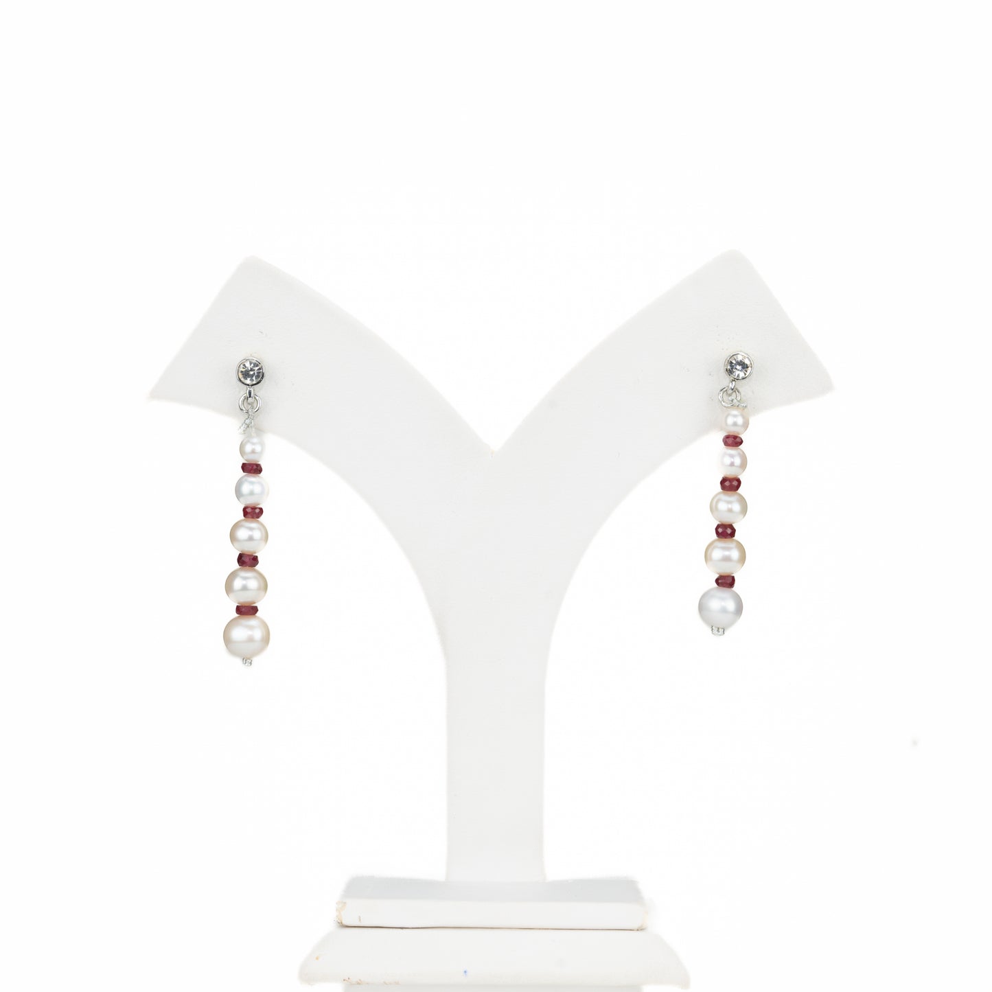 Natural Ruby And Near Round White Grading Freshwater Pearl Hanging Earrings