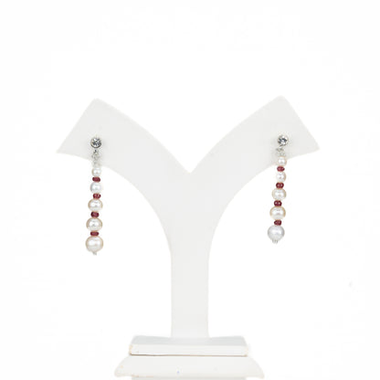 Natural Ruby And Near Round White Grading Freshwater Pearl Hanging Earrings