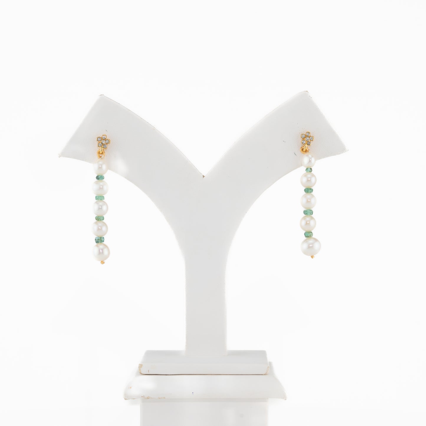 Natural Emerald And Freshwater Near Round Grading Freshwater Pearl Dangling Earrings