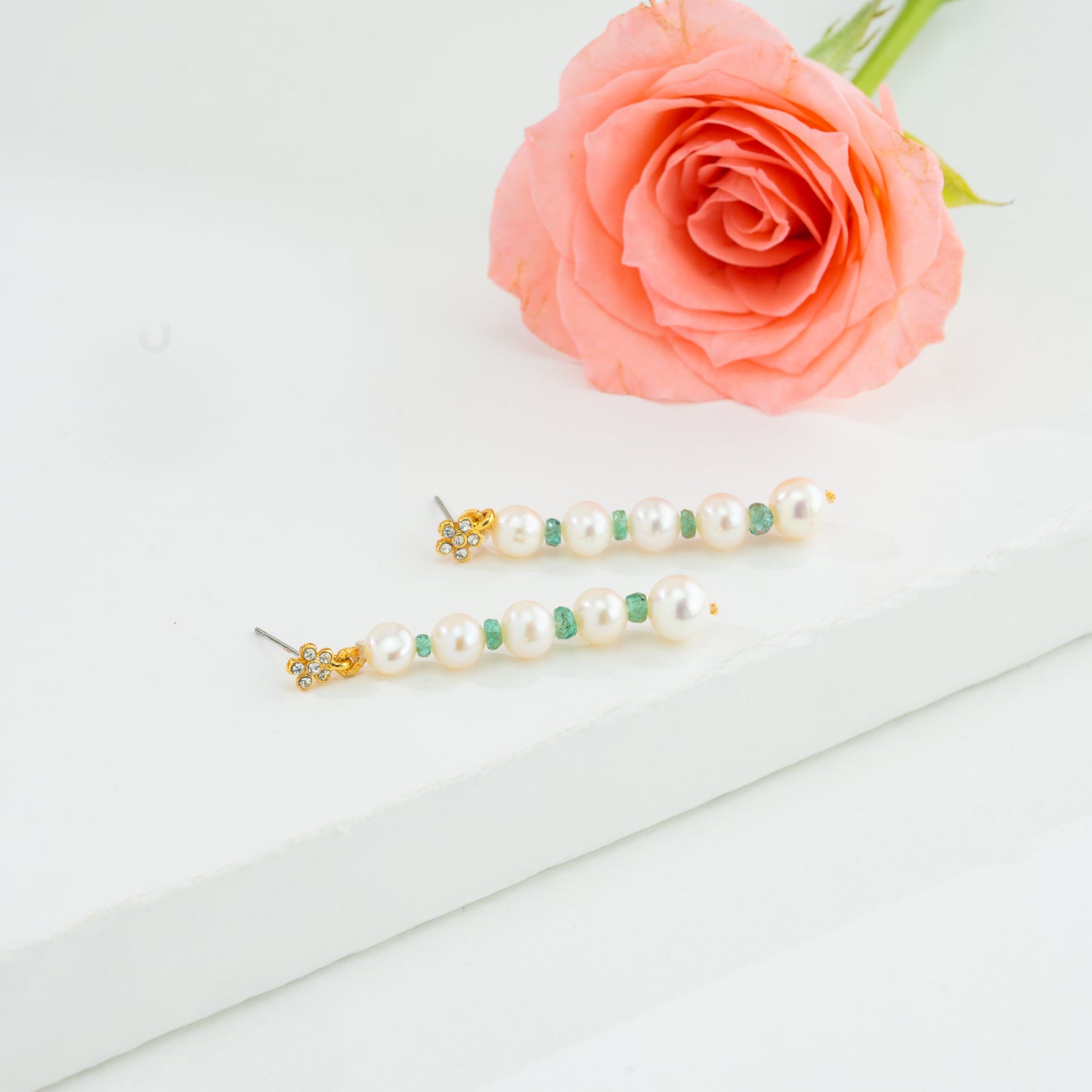 Natural Emerald And Freshwater Near Round Grading Freshwater Pearl Dangling Earrings