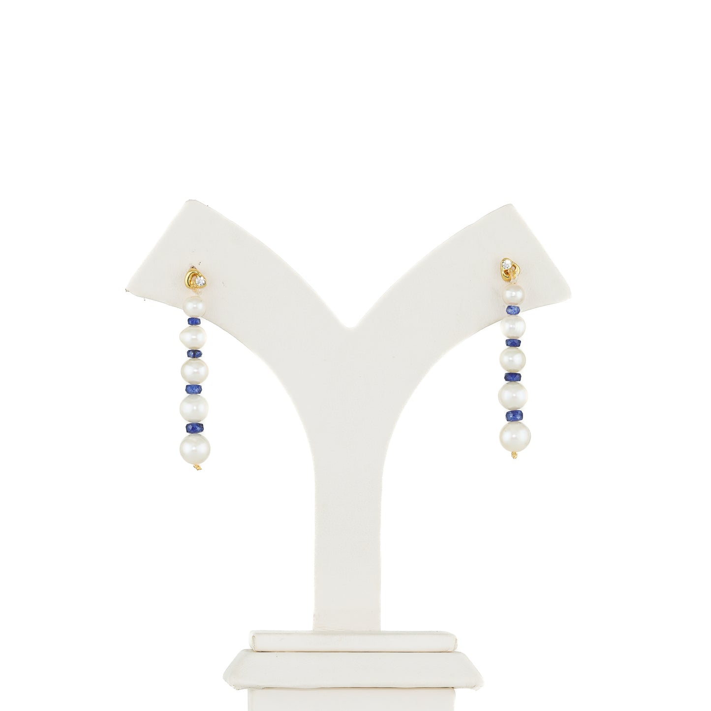 Natural Blue Sapphire Near Round White Grading Freshwater Pearl Hanging Earrings