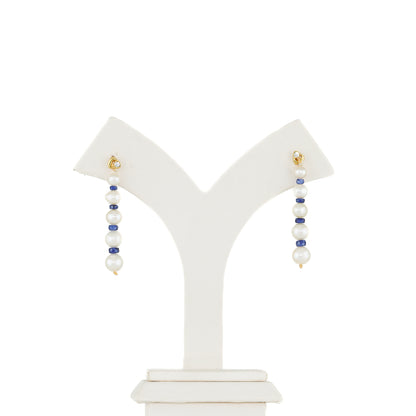 Natural Blue Sapphire Near Round White Grading Freshwater Pearl Hanging Earrings