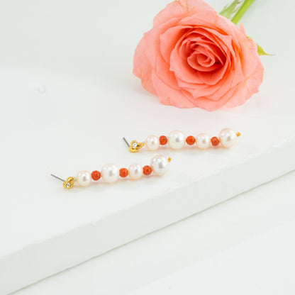Coral Near Round Freshwater Pearl Dangling Earrings