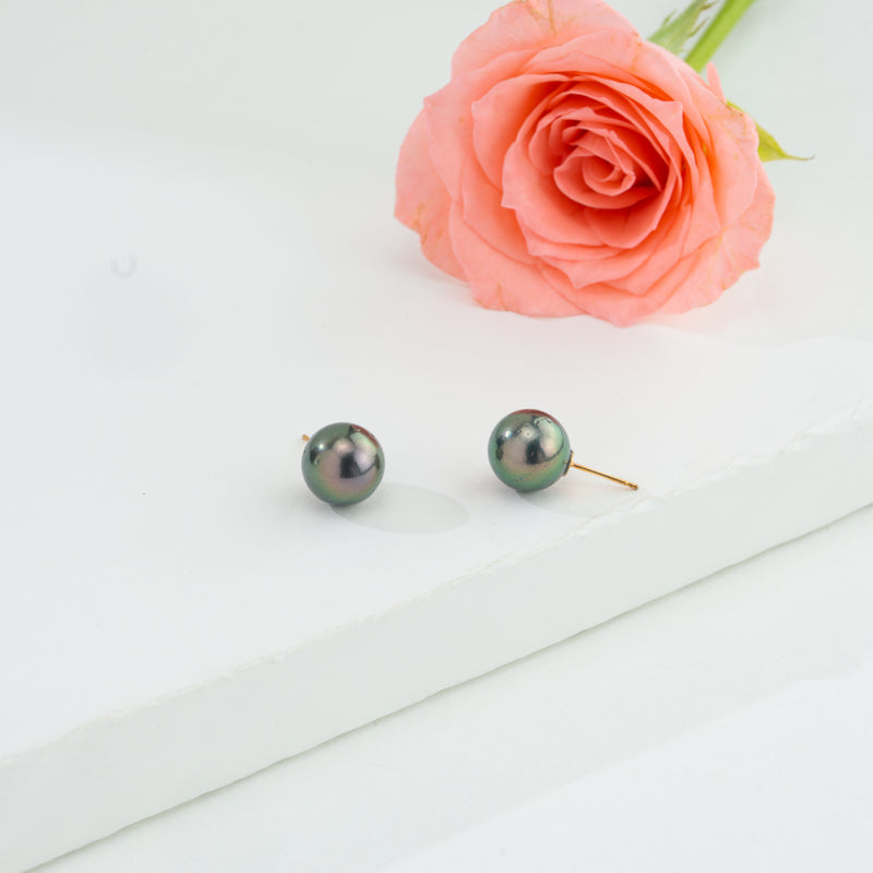13.0-14.0mm Greenish Round Black Tahitian South Sea Pearl Tops